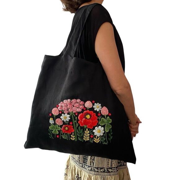OOAK Hand Embroidered Linen Tote Bag 18x16” Floral Summery Boho Signed - Picture 2 of 9